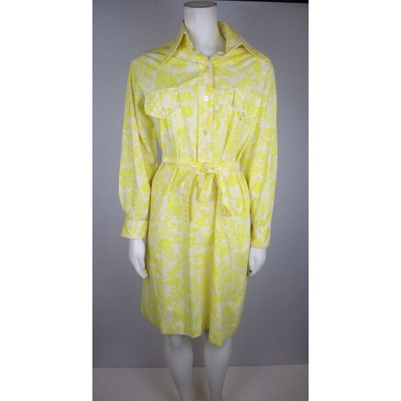 VINTAGE 1970s WOMEN'S CANARY YELLOW PRINT LONG SLEEVE SHIRT DRESS - HOBNOBBER - - Picture 2 of 12